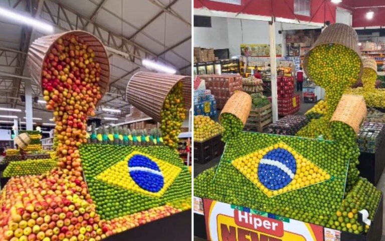 Frutas no clima da Copa: empresário faz sucesso com montagem especial em supermercados de Goiás